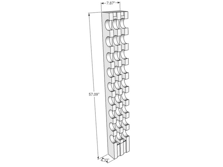 Tall wine rack natural oak for 9 bottles, drawing with dimensions