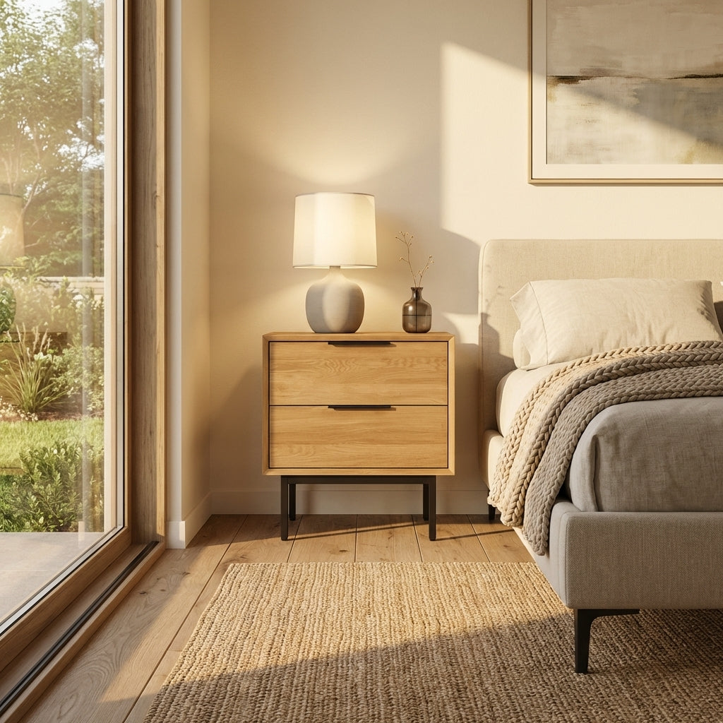 Bergen Oak Nightstand | Modern Bedside Table with Drawers