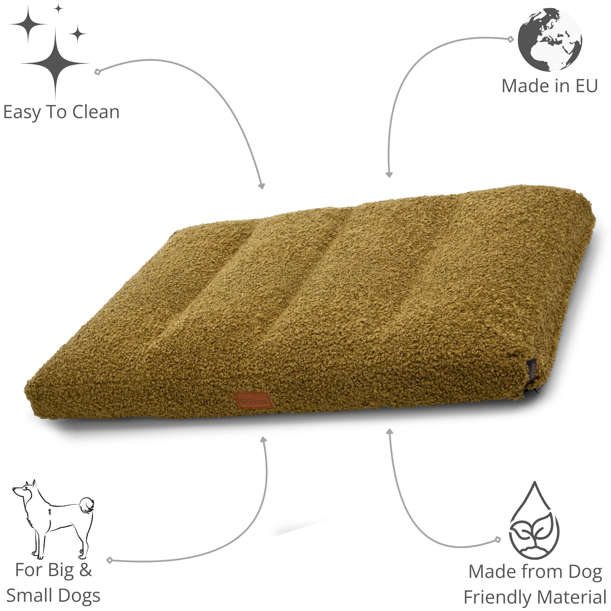 dog lounge bed with highlighted features like easy cleaning, eco-friendly materials, European design, and adaptability for dogs of various sizes.