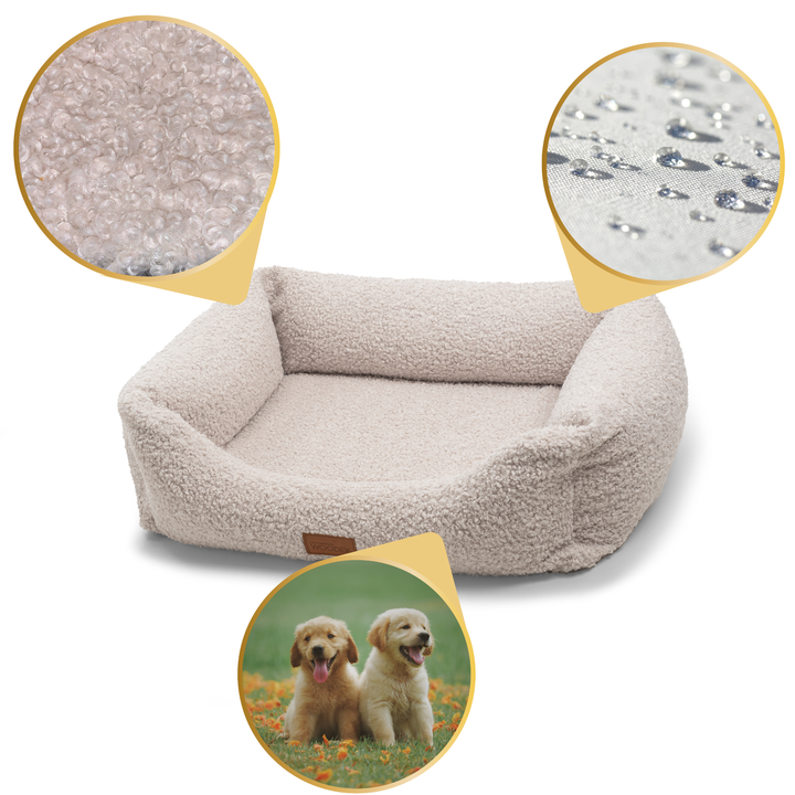 Soft beige dog bed featuring a sherpa texture and waterproof materials, with insets highlighting the details and playful golden retriever puppies.