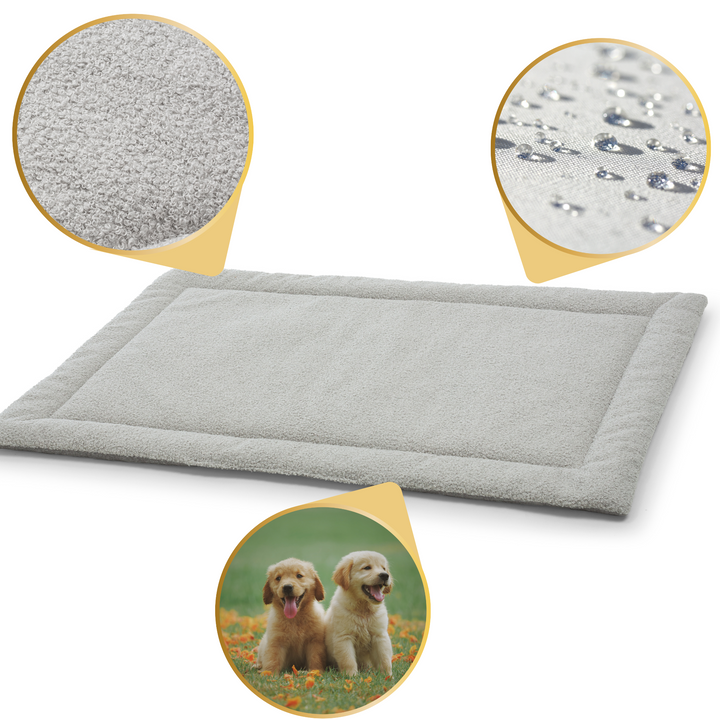 A gray pet mat showcasing waterproof material and cozy texture, perfect for dogs of all sizes.