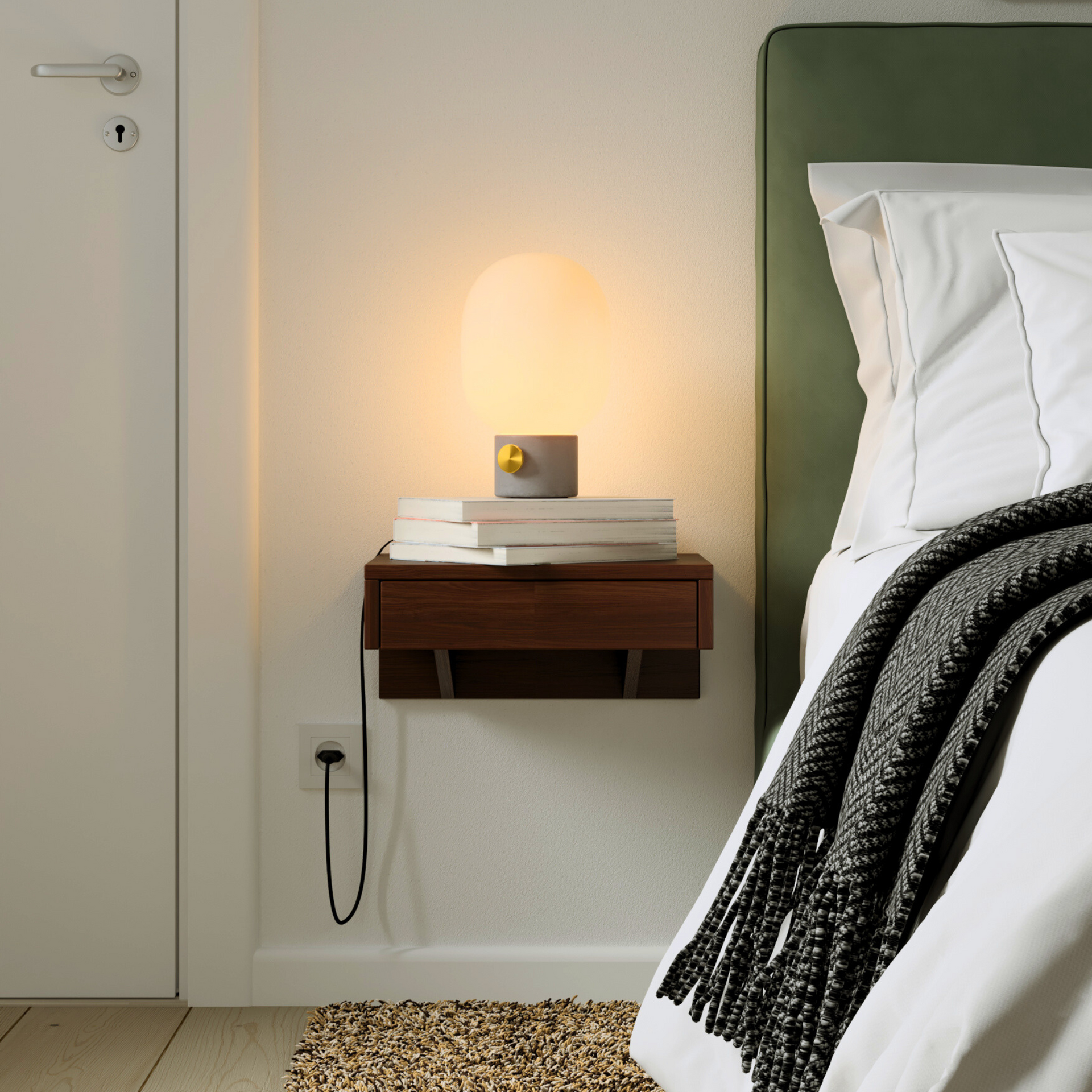 A modern, wall-mounted wooden floating nightstand in a rich brown finish, perfect for minimalist bedroom decor