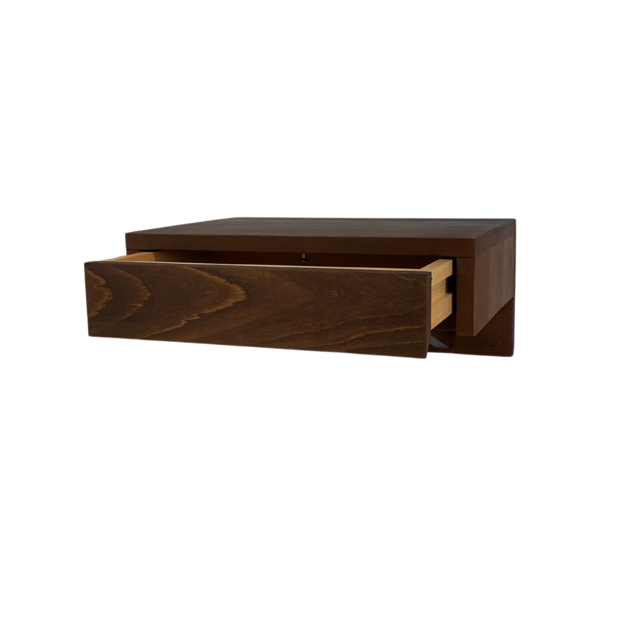 A contemporary wall-mounted nightstand in dark brown, designed for elegant and functional bedroom storage