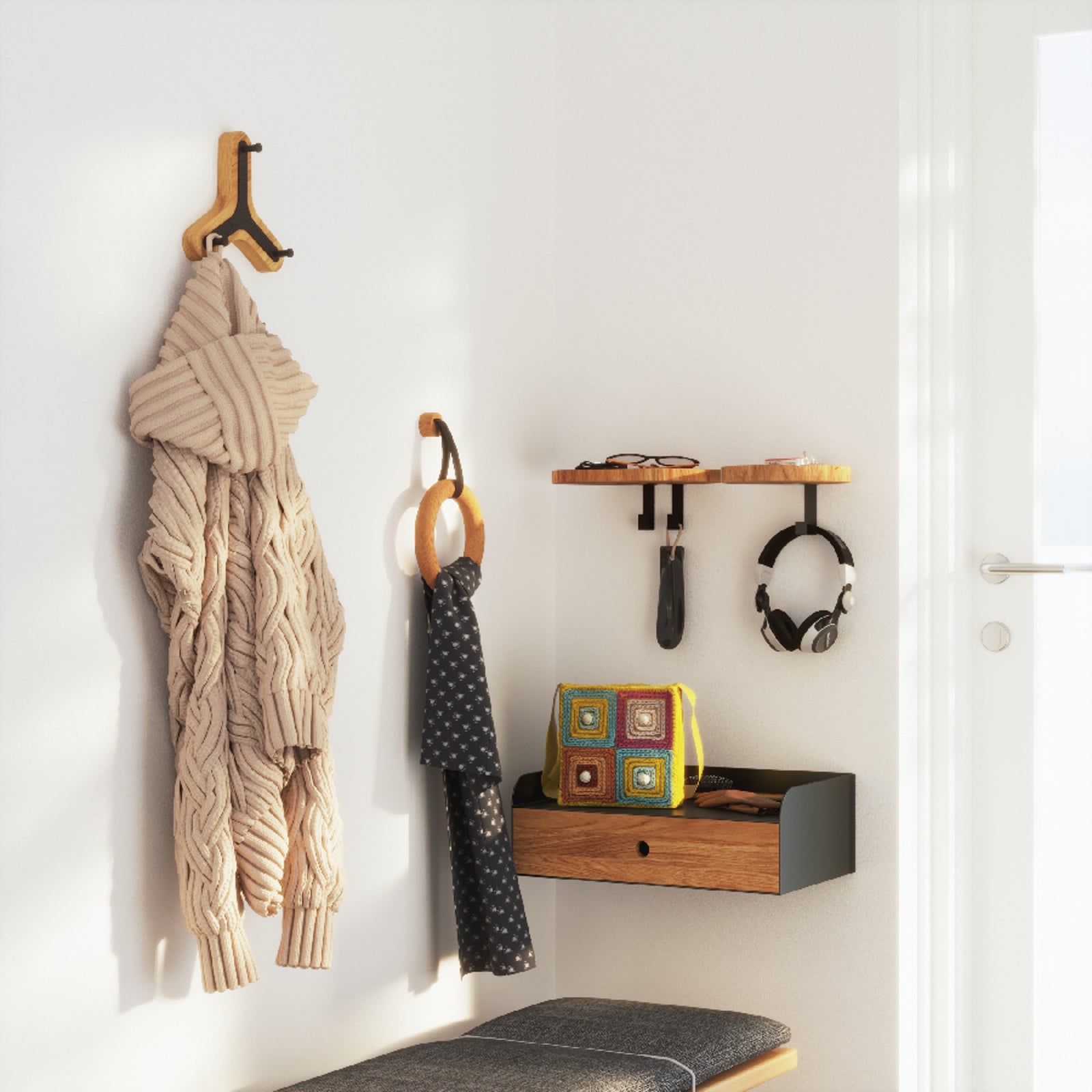 Wall Mounted Coat Rack - Handmade Oak Wood & Metal 3 knobs