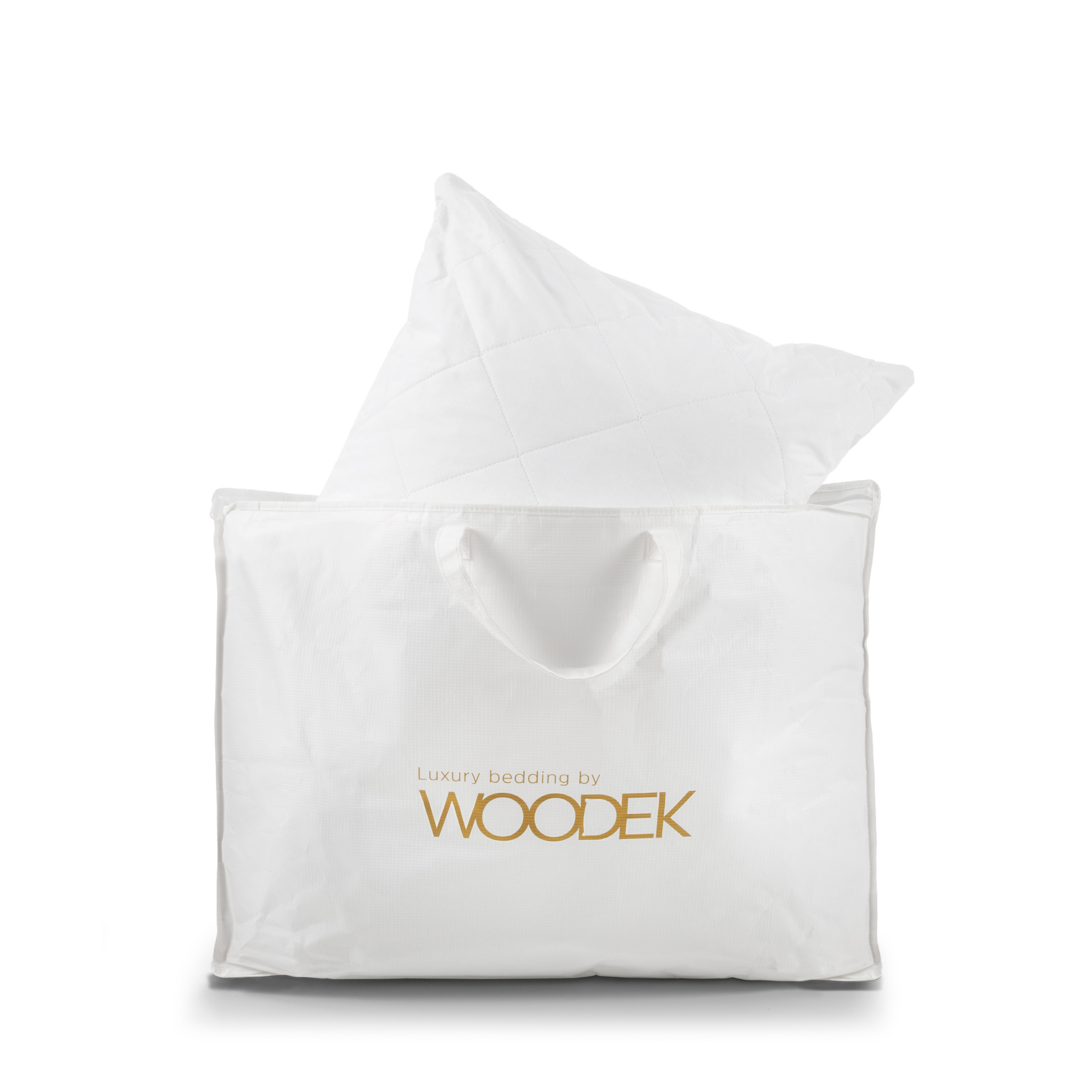 Woodek logo bag with a premium bed pillow inside it