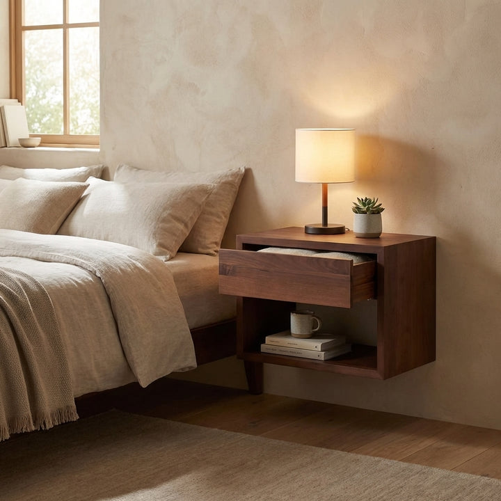 Open drawer detail - Hugo walnut wood floating nightstand with drawer pulled open, showing interior storage and open shelf