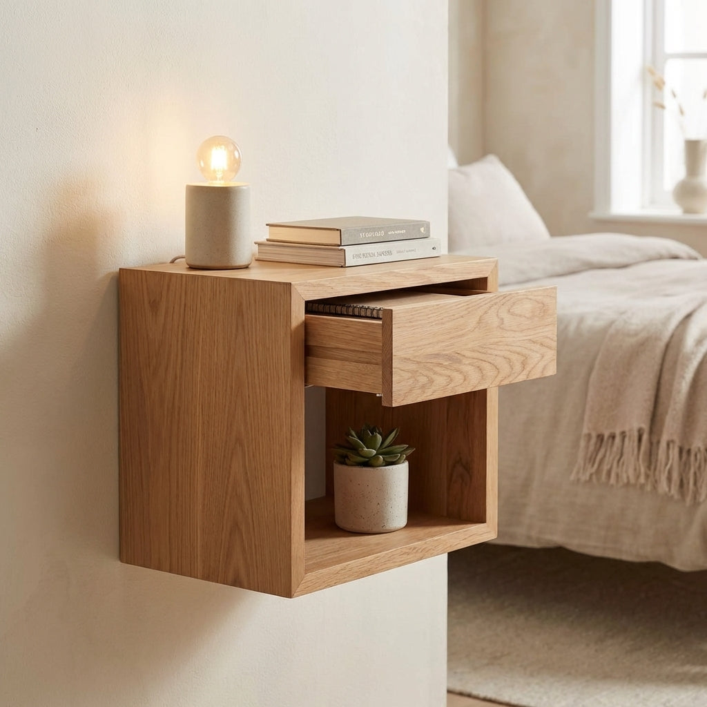 Hugo Floating Nightstand – Solid American Oak, Handmade Design