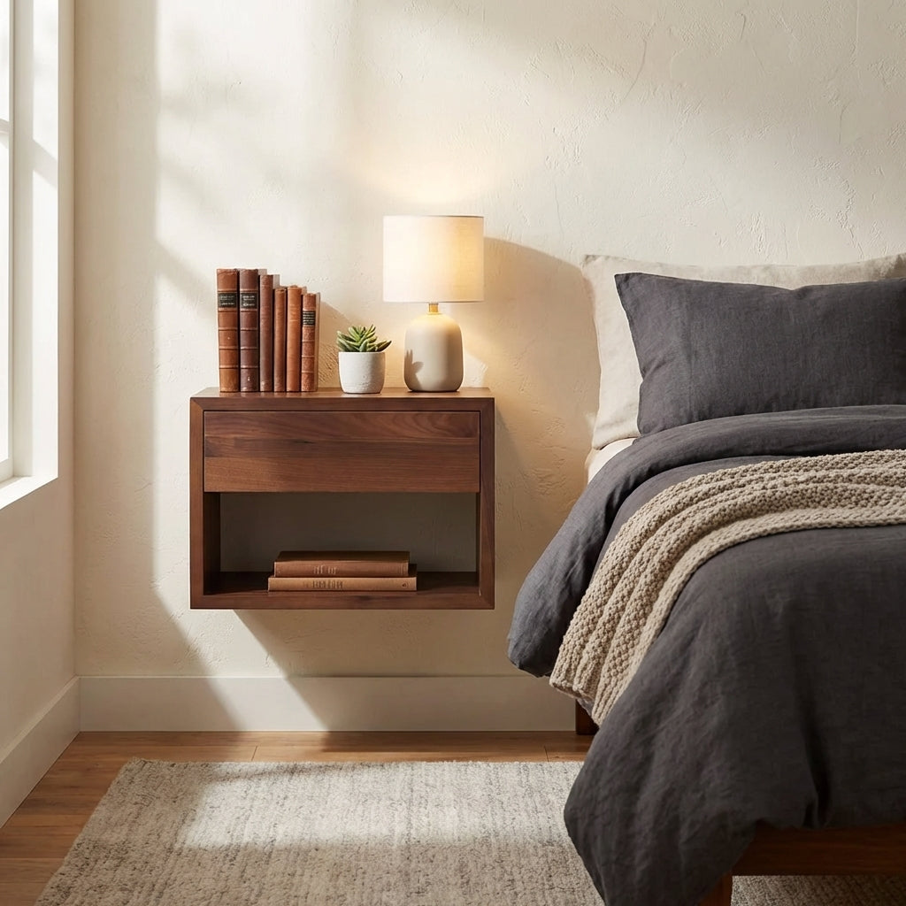 Bedroom lifestyle - Hugo walnut floating nightstand with drawer mounted beside bed, styled with books, and lamp against wall