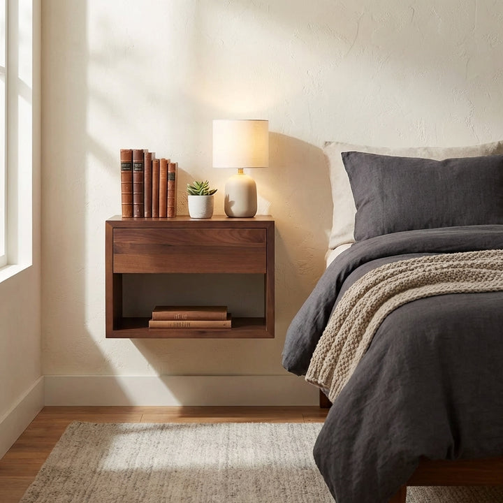 Bedroom lifestyle - Hugo walnut floating nightstand with drawer mounted beside bed, styled with books, and lamp against wall