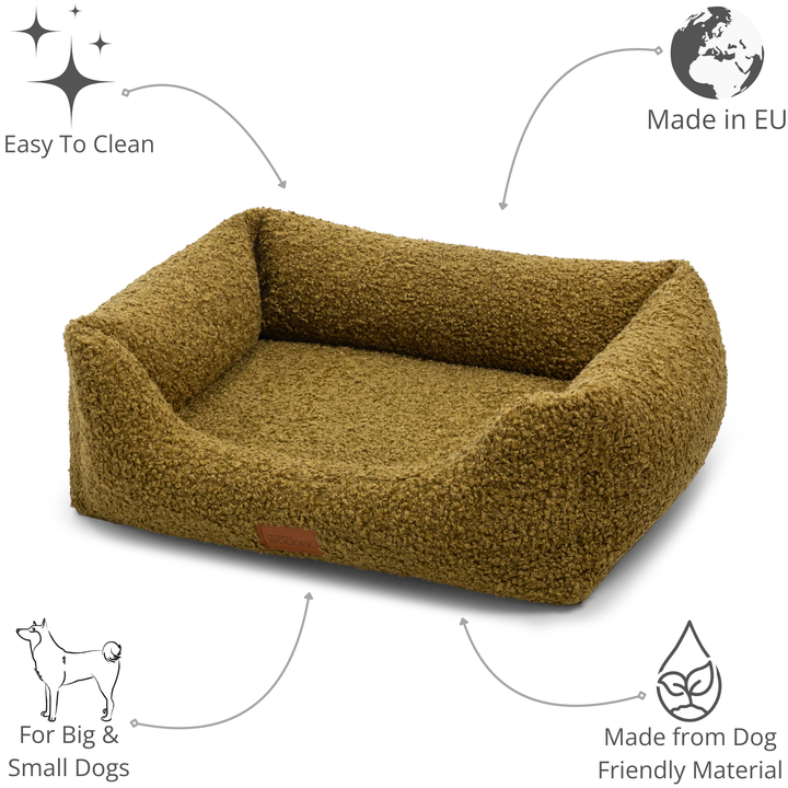 Luxurious orthopedic pet bed in an olive-green sherpa fabric, crafted for comfort and support for pets of all sizes.