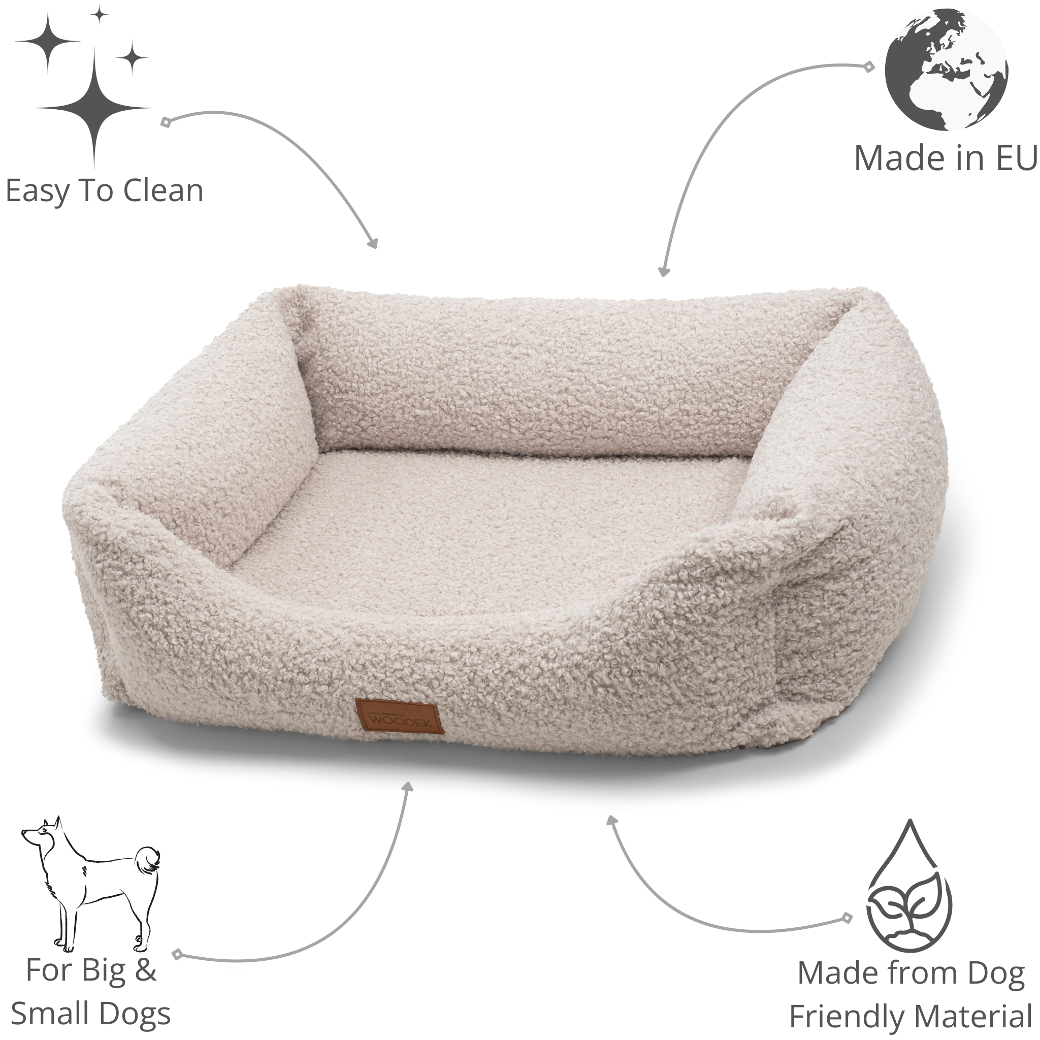 Cream-colored dog lounger made from soft, durable materials, easy to clean and perfect for big and small dogs.