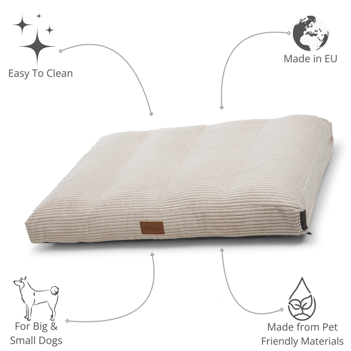 Flat beige pet bed with bolstered stitching, designed for comfort and durability, suitable for everyday use