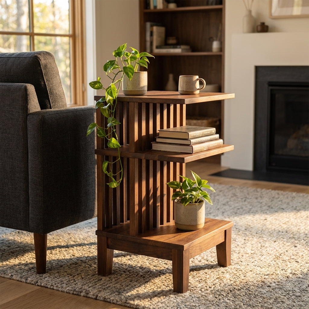 Living room lifestyle - Celine walnut nightstand with vertical slat design and three tiered shelves, styled with plants and books