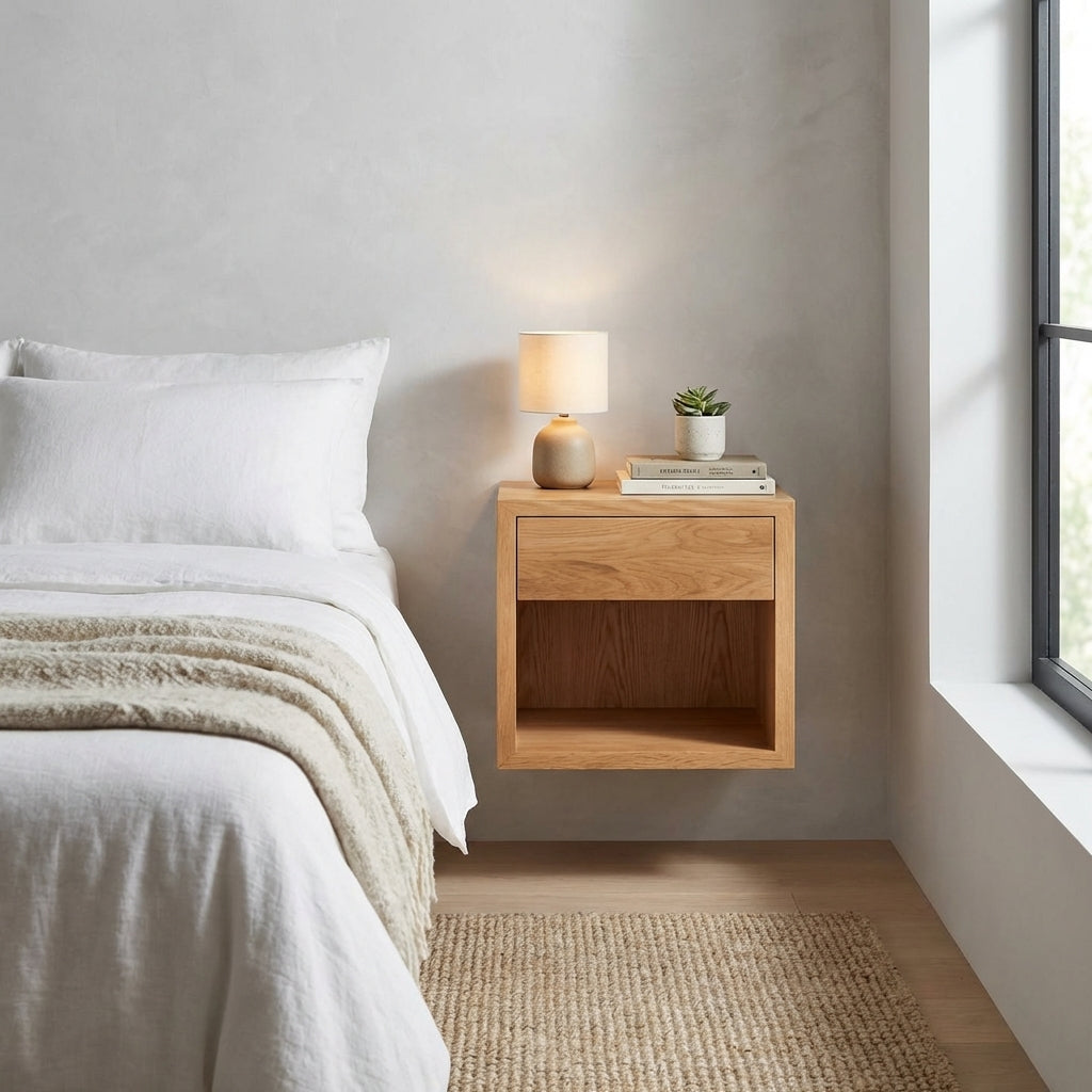 Hugo Floating Nightstand – Solid American Oak, Handmade Design