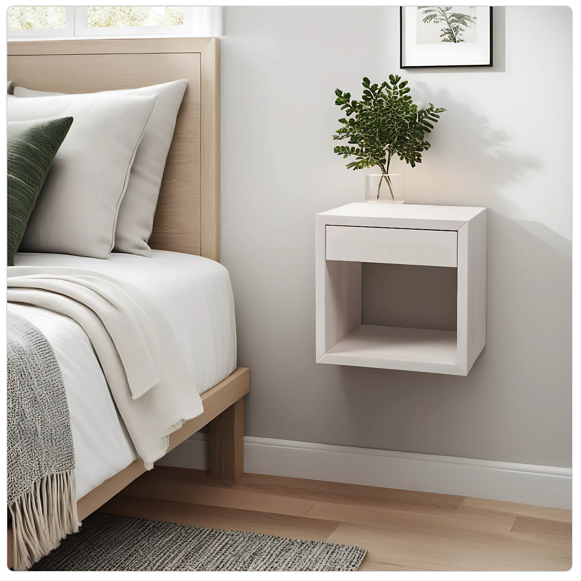 Hugo Floating Nightstand – Whitewash Beech Bedside Table with Drawer and Shelf