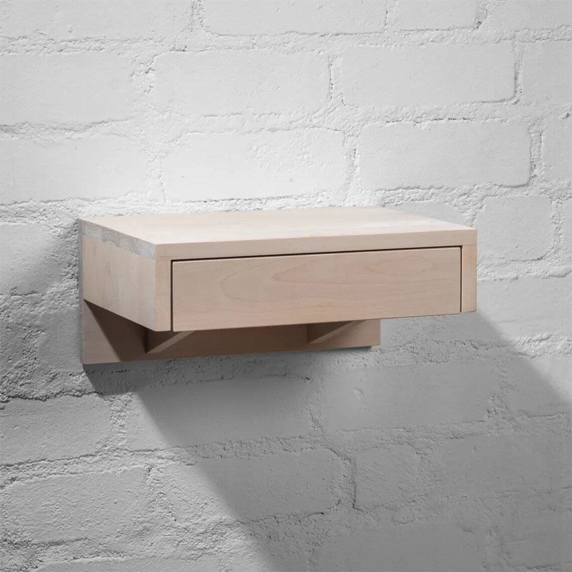 Nightstand BO, Floating , White Natural Solid Birch Wood with Drawer