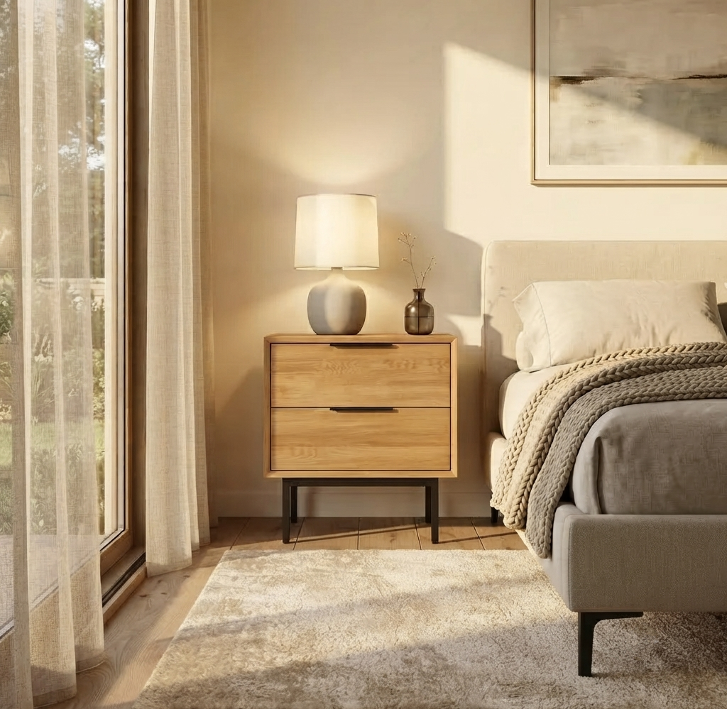 A modern two-drawer nightstand in light natural wood with black metal legs, styled in a warm, sunlit bedroom next to a bed and a table lamp.