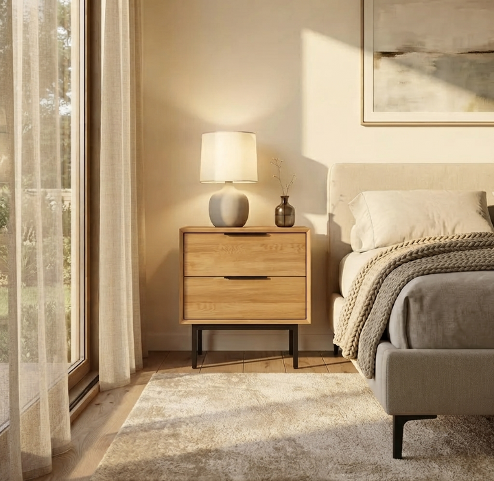 A modern two-drawer nightstand in light natural wood with black metal legs, styled in a warm, sunlit bedroom next to a bed and a table lamp.