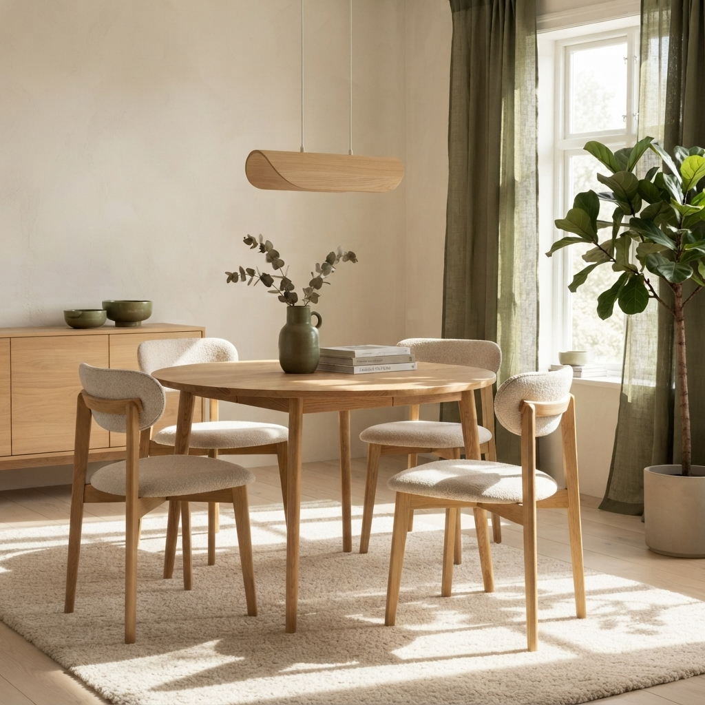 A round light oak dining table with four upholstered wooden chairs in a bright, modern dining room with a window, green curtains, and a potted plant.