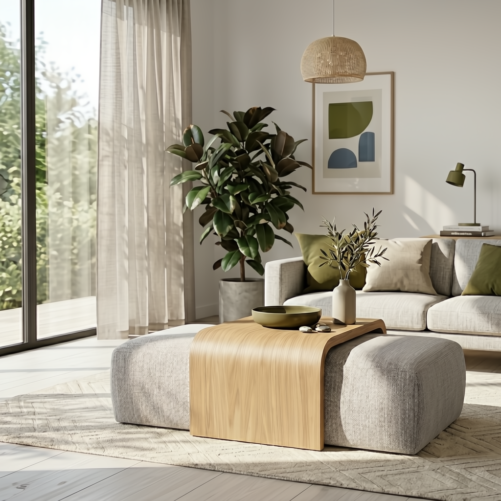 A modern living room scene featuring a light gray upholstered ottoman with a curved light wood top, styled with a bowl and vase on a patterned rug in front of a sofa.
