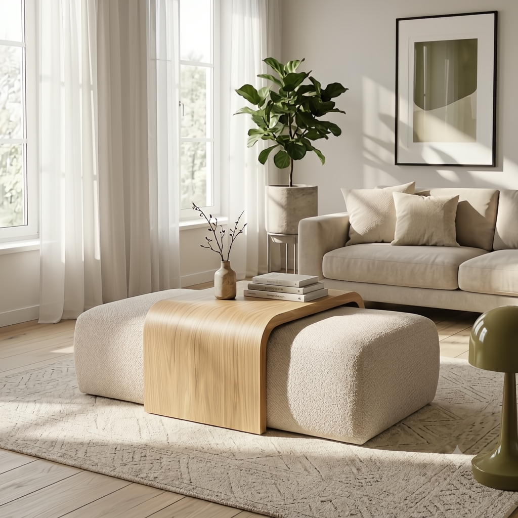 Celeste Oak Coffee Table with Poufs – Beige Fabric