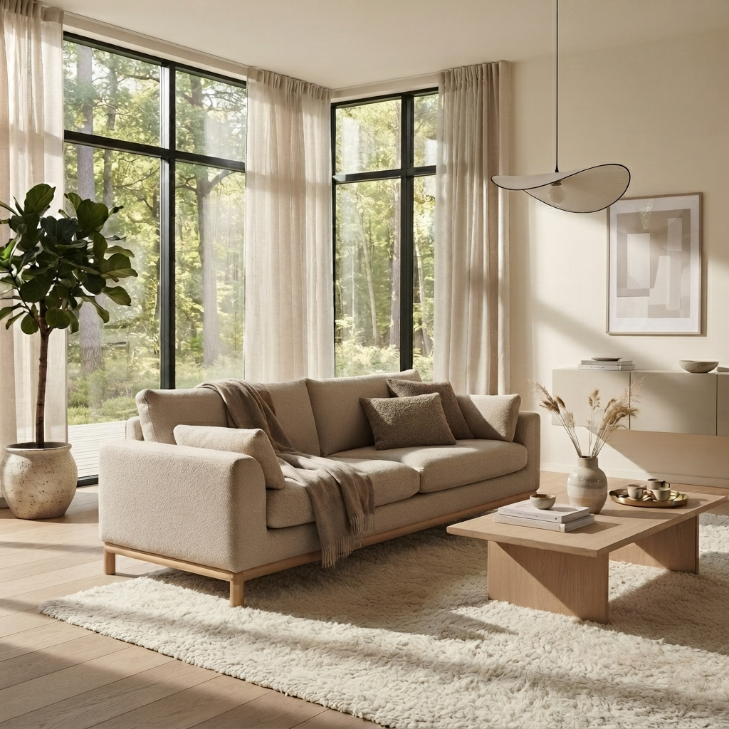Modern Wooden Sofa Celeste in Warm Beige Nature Fabric