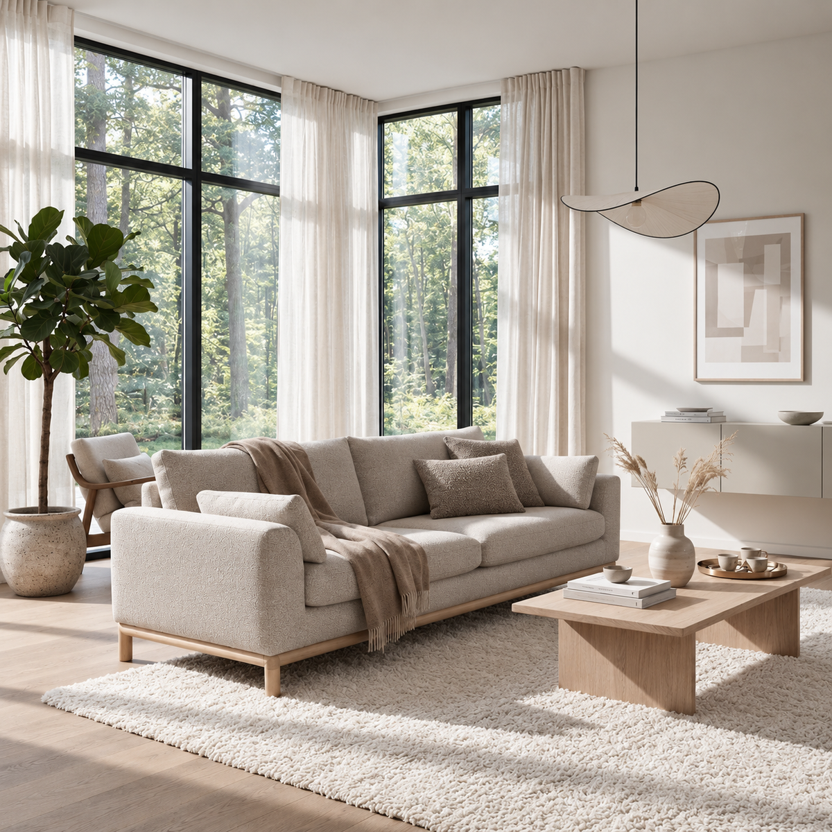 Modern Wooden Sofa Celeste in Warm Beige Nature Fabric