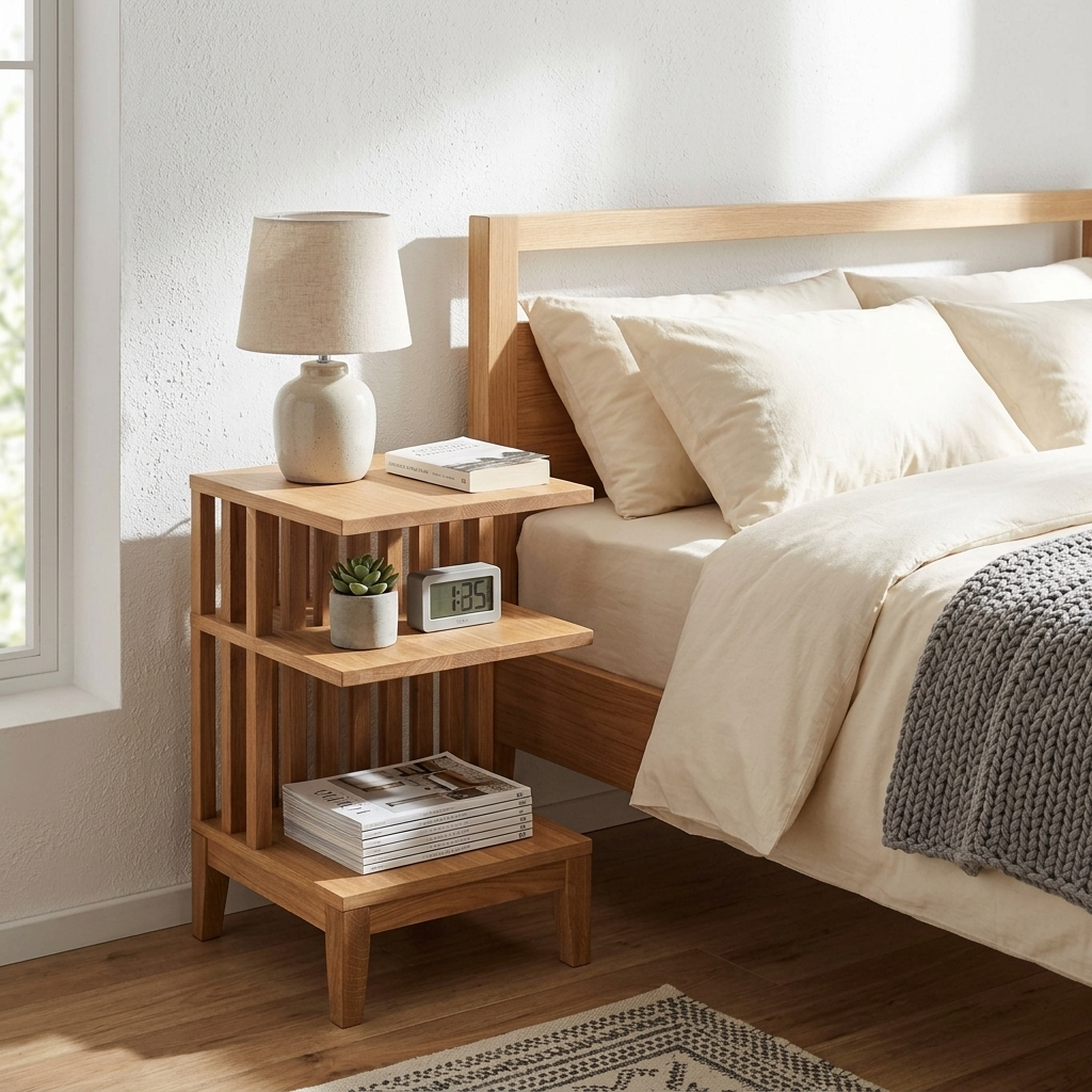A light natural wood three-tier nightstand beside a bed in a bright bedroom, styled with a table lamp, books, a small plant