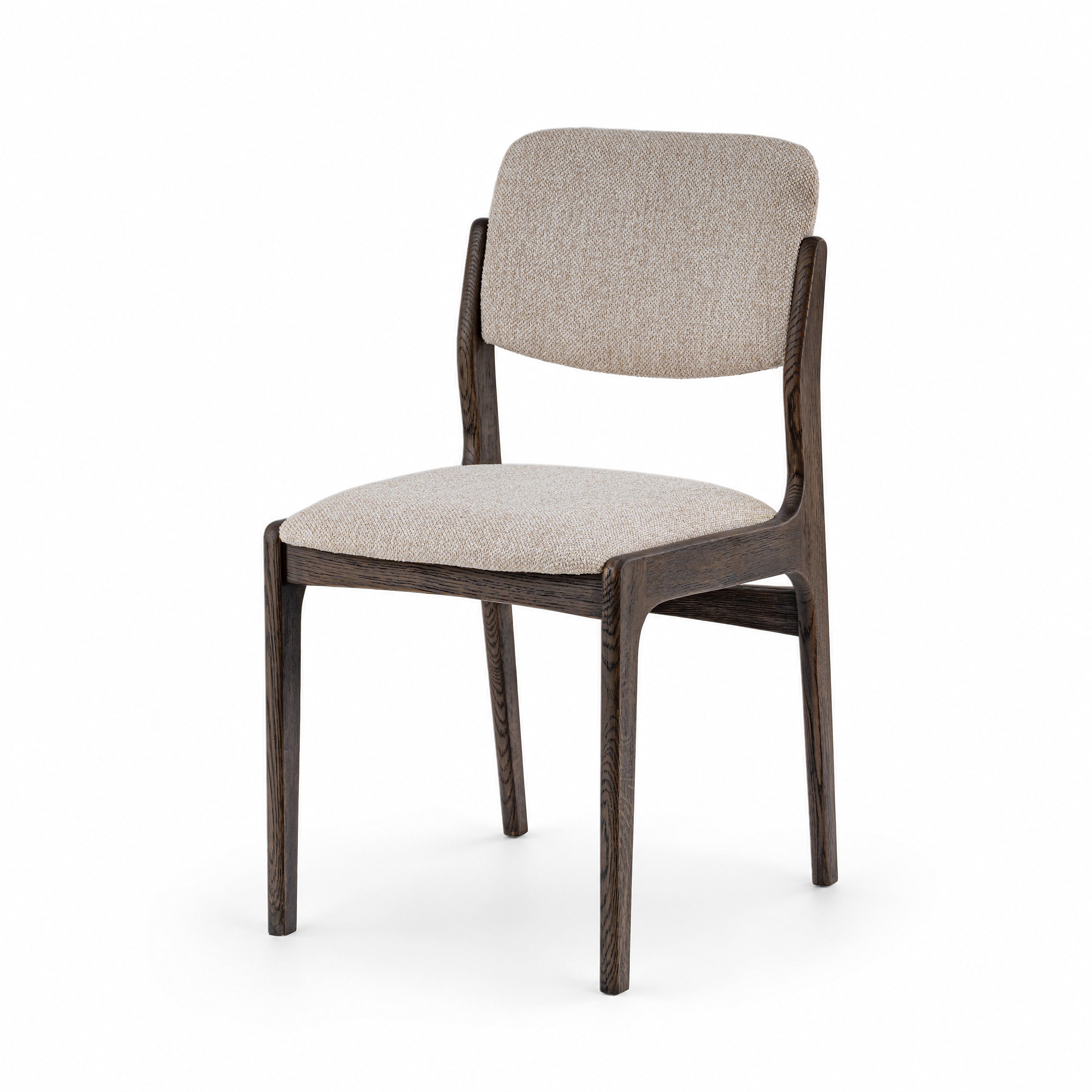 A modern dining chair with a dark brown wooden frame and light beige textured fabric upholstery on the seat and backrest, shown against a plain white background.