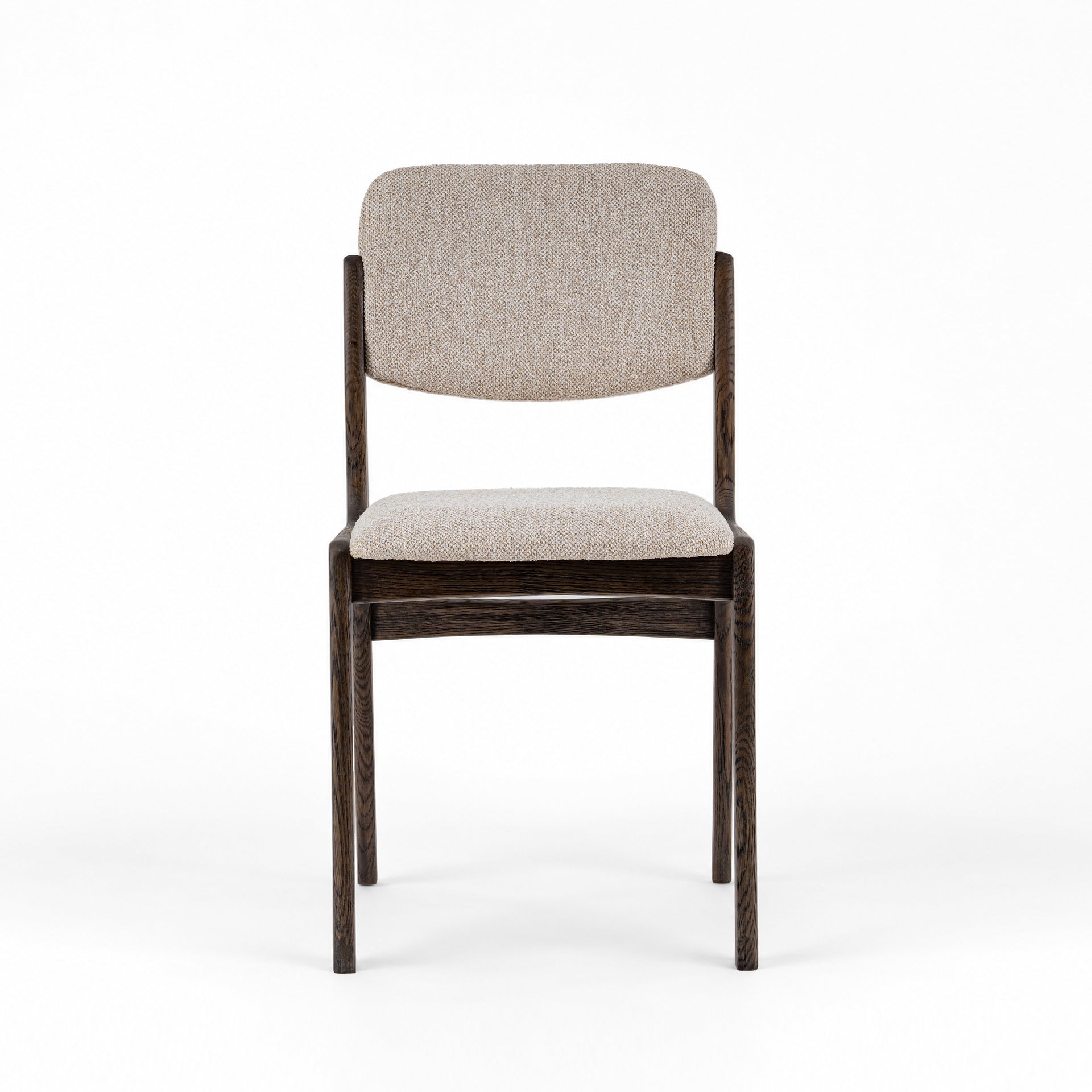 A modern dining chair with a dark brown wooden frame and light beige textured fabric upholstery on the seat and backrest, shown against a plain white background.
