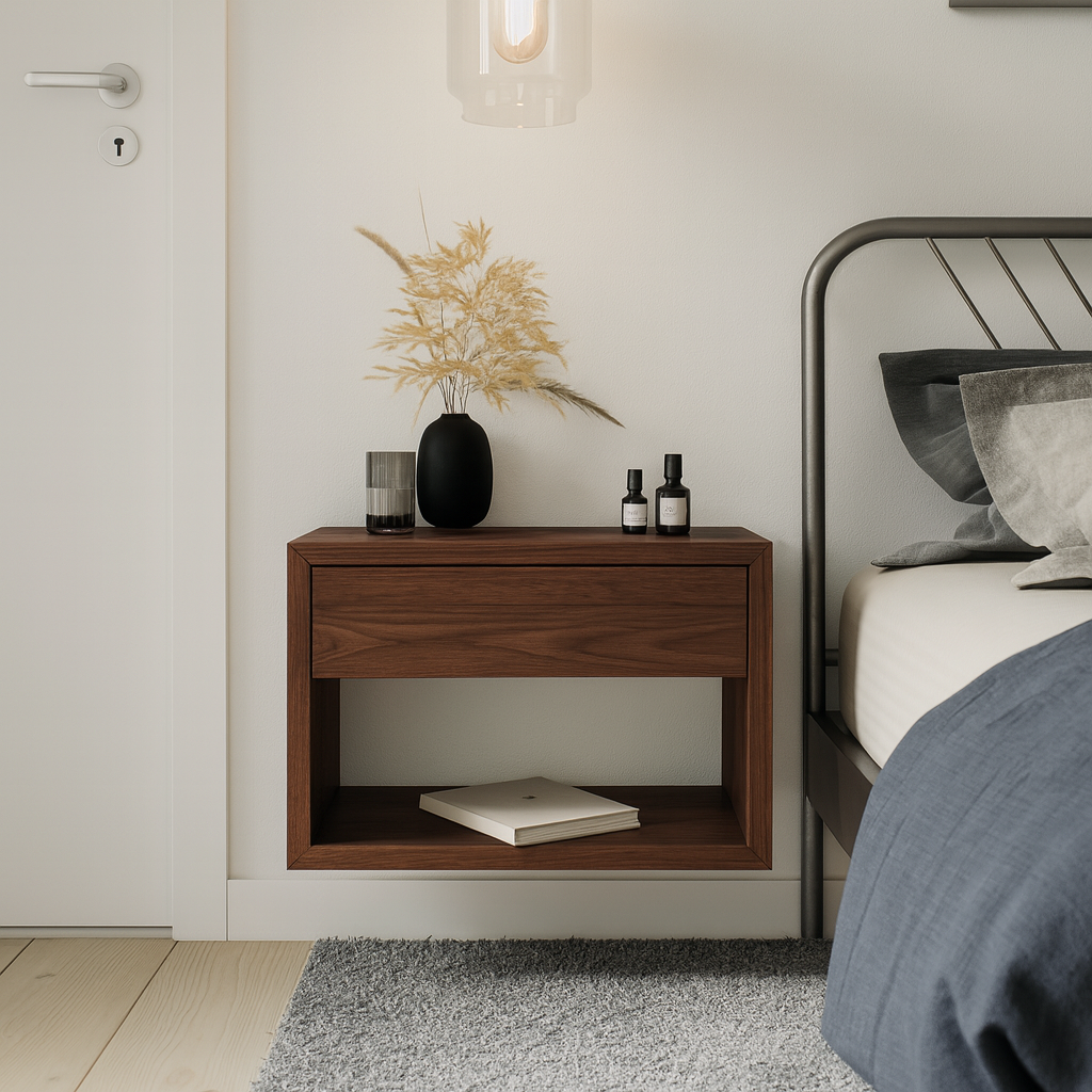 Floating Wide Nightstand Hugo With Drawer - Walnut Hardwood