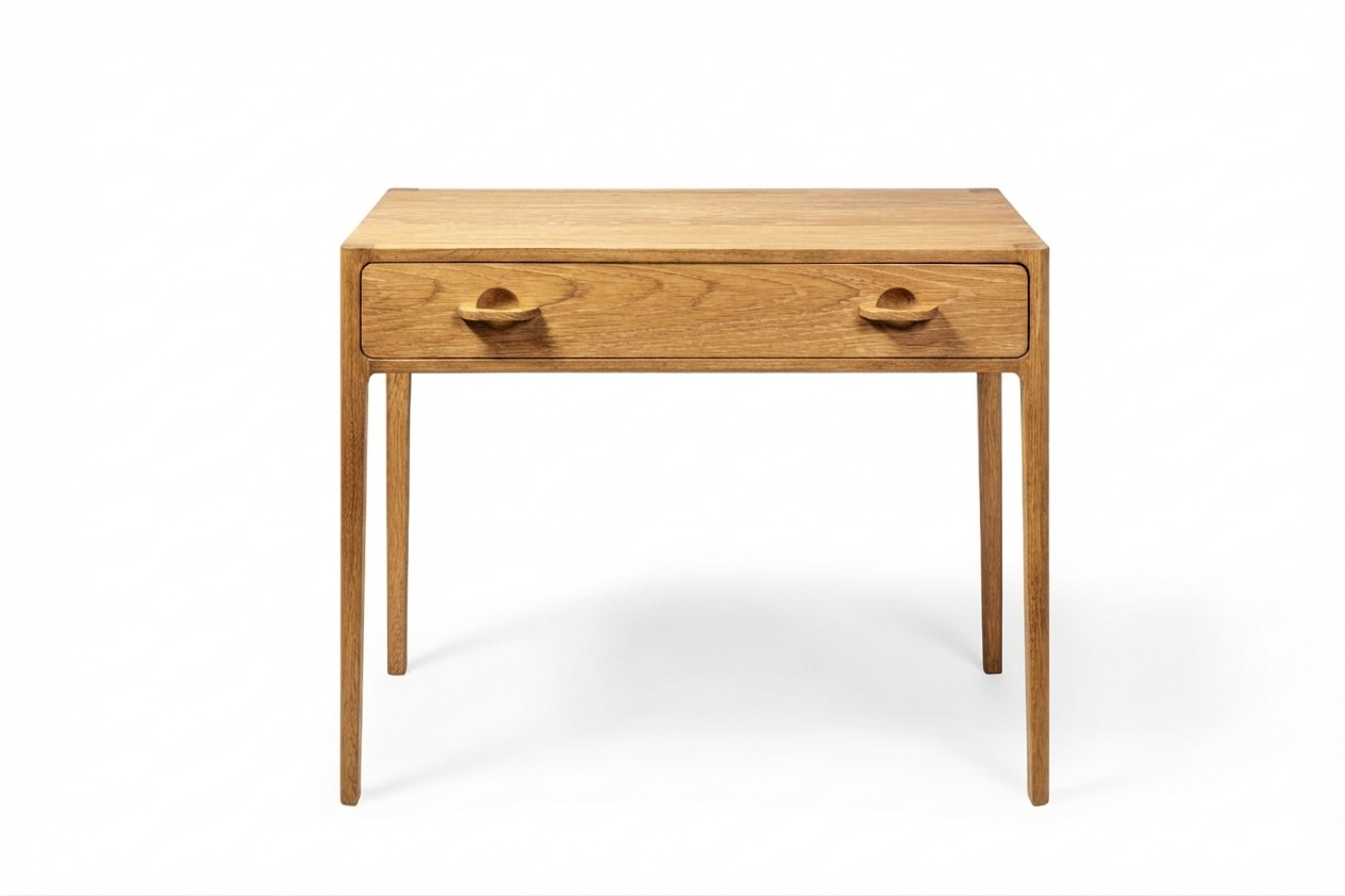 A mid-century modern wooden writing desk with a single drawer, tapered legs, and round wooden pulls, shown against a plain white background.