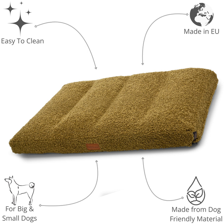 dog lounge bed with highlighted features like easy cleaning, eco-friendly materials, European design, and adaptability for dogs of various sizes.