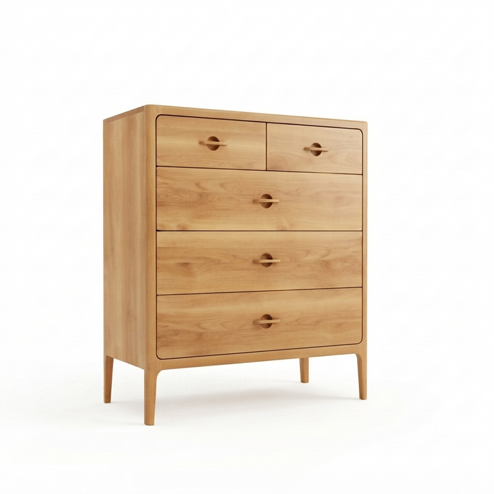A mid-century modern wooden chest of five drawers in a light natural oak finish, featuring round drawer pulls and tapered legs, shown on a clean white background.