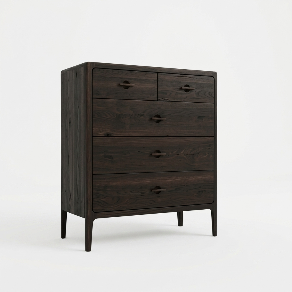 Elin Espresso Oak Dresser - angled view highlighting the solid wood grain texture and tapered legs
