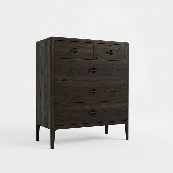 Elin Espresso Oak Dresser - angled view highlighting the solid wood grain texture and tapered legs