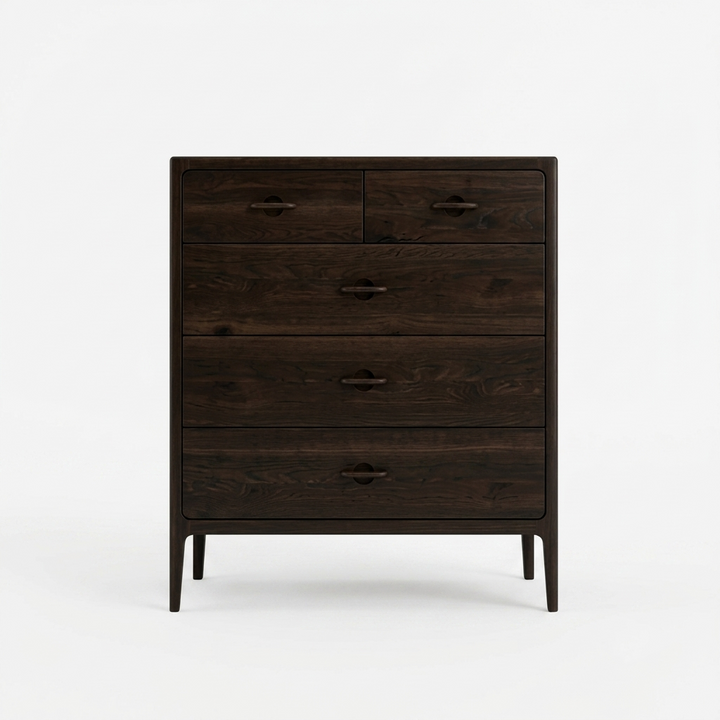 Elin 3+2 Drawer Dresser in Espresso Oak - front view showing clean lines and dark wooden handles