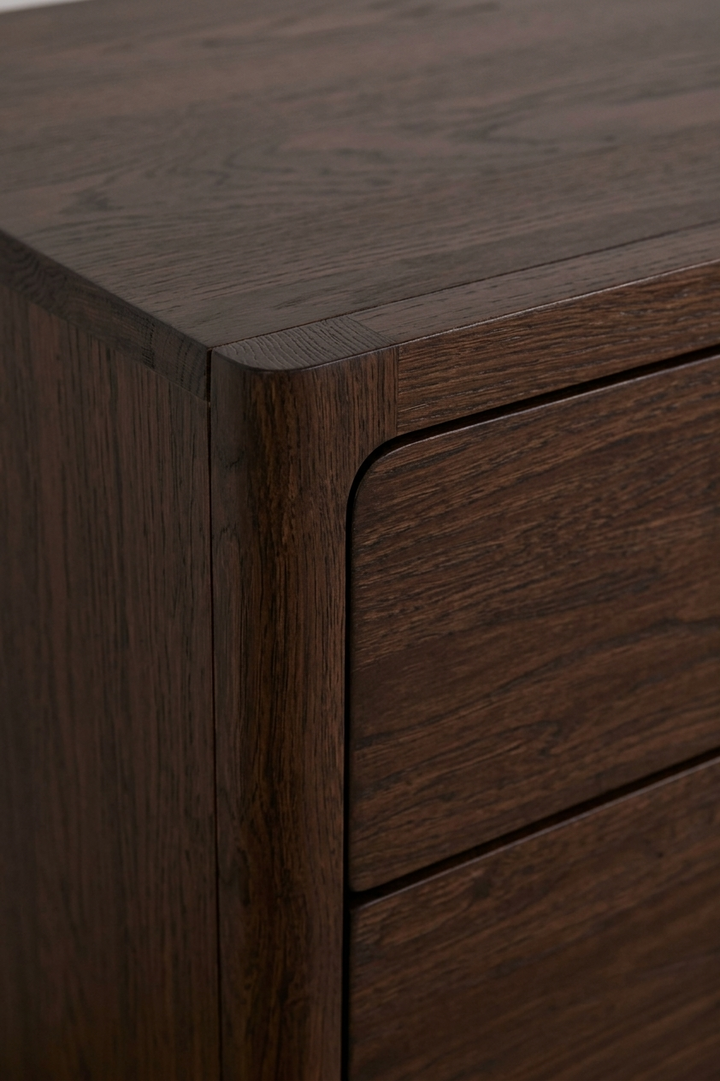 Close-up of Elin espresso oak dresser corner and drawer detail