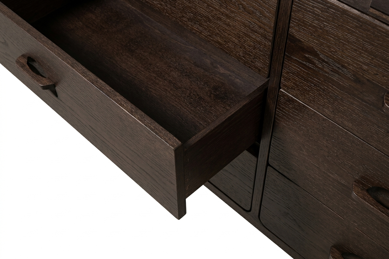 Very close-up of Elin espresso oak dresser drawers and handles