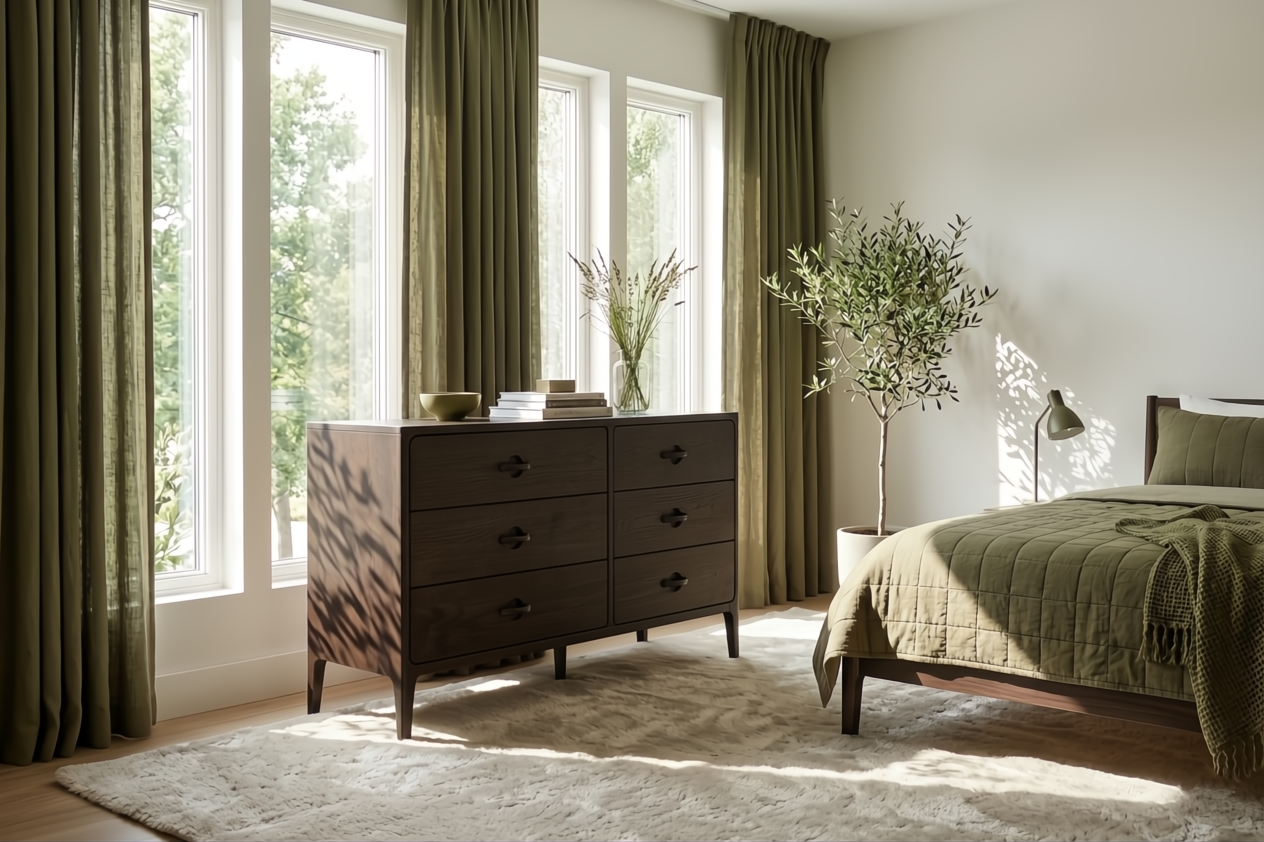 Elin espresso oak dresser with 6 drawers styled in a bedroom interior