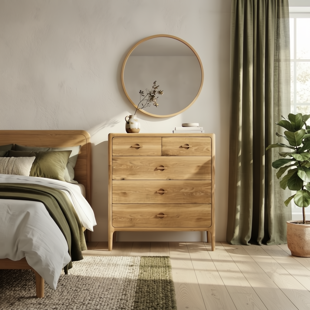 Elin Natural Oak Dresser styled in a Scandinavian bedroom with green linen bedding, round mirror, and fiddle leaf fig plant