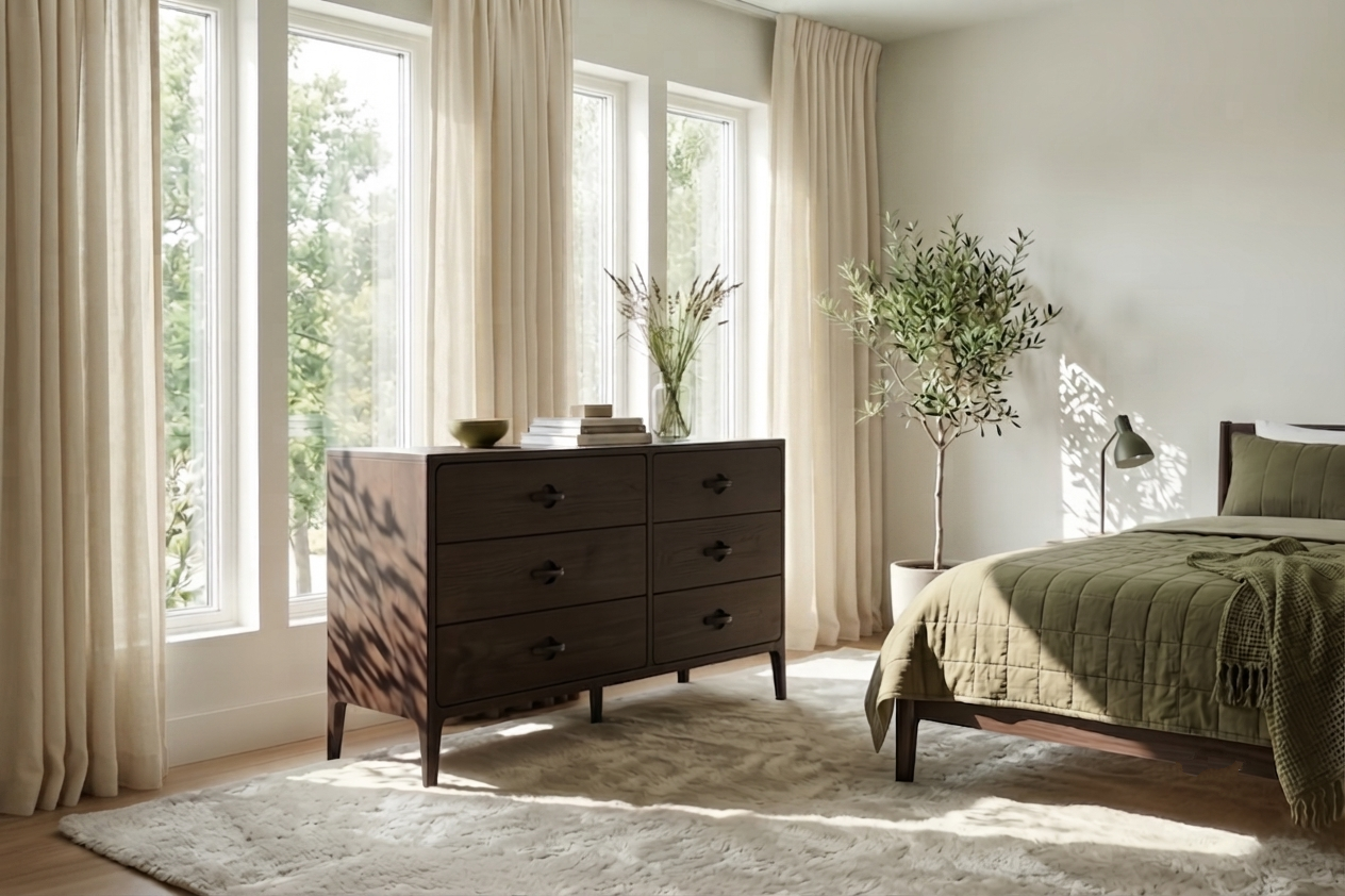 A dark brown wooden six-drawer dresser in a bright, modern bedroom with beige curtains, a bed with an olive green quilt, and a potted olive tree.