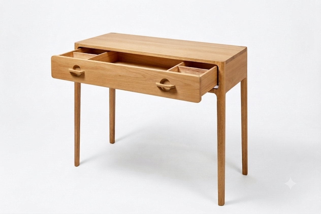 A mid-century modern wooden writing desk with one partially open drawer, shown on a clean white background.