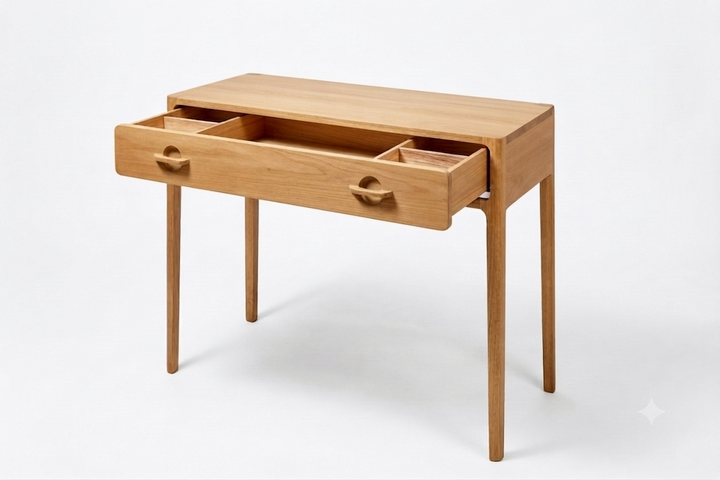 A mid-century modern wooden writing desk with one partially open drawer, shown on a clean white background.