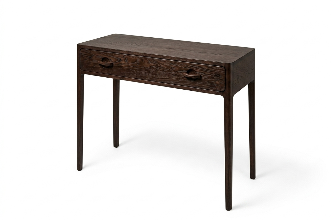 Dark wooden desk with a single drawer on a white background