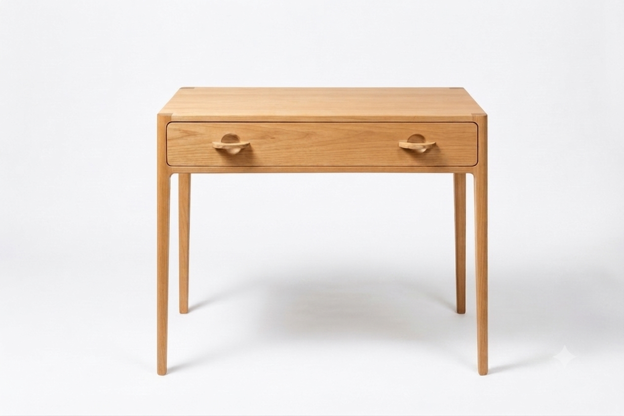 A mid-century modern wooden writing desk with a single drawer, featuring a natural oak finish and distinctive loop pull handles, set against a plain white background.
