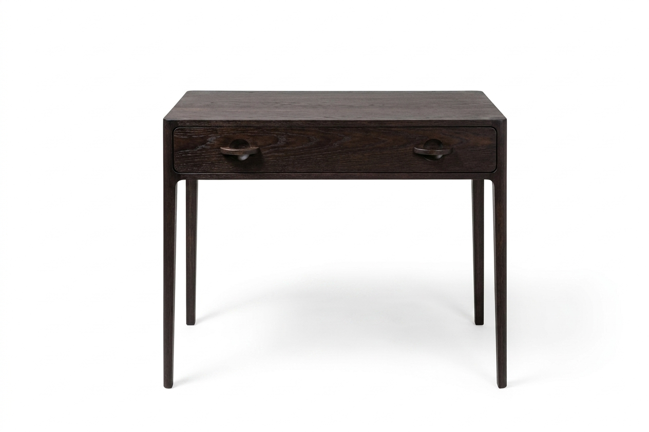 Dark wooden desk with two drawers on a white background