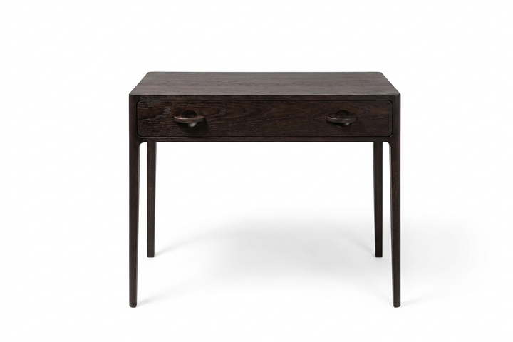 Dark wooden desk with two drawers on a white background