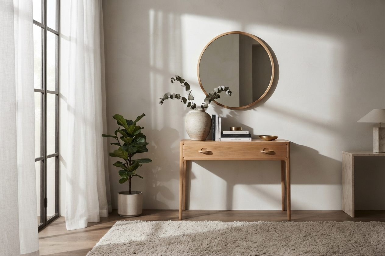 A light natural wood console table with two drawers and round drawer pulls, styled in a bright room with a matching round wood mirror, a ceramic vase with eucalyptus, books, and a small bowl. A potted green plant stands to the left of the table next to a window with white curtains, and a textured cream rug covers the floor.