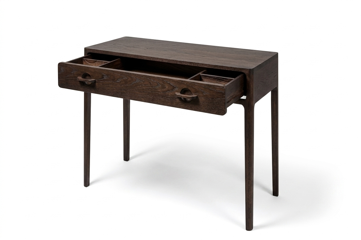 Dark wooden desk with multiple drawers on a white background